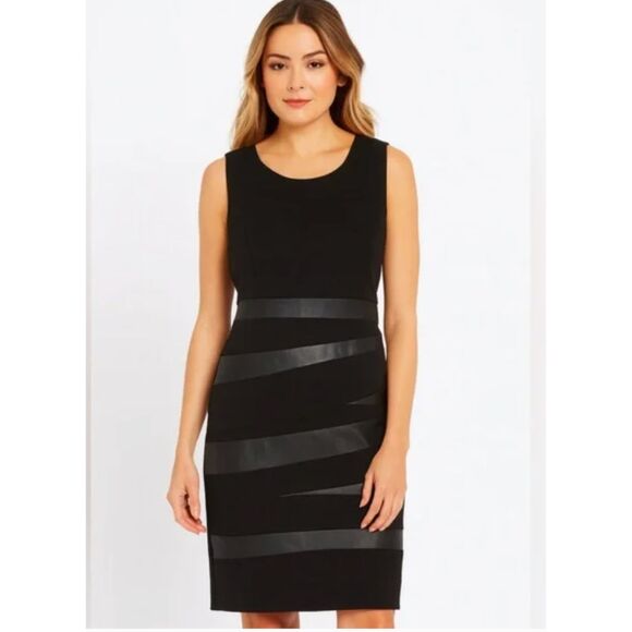 Lafayette 148 NY Black Sheath Dress Real Leather Stripe Detail Size 8 Cocktail - Picture 9 of 9